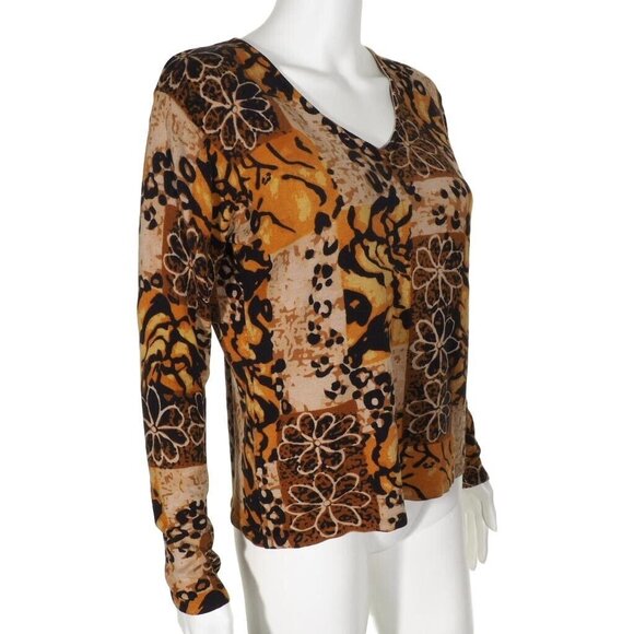 Joseph A Top Womens Large Sweater Silk Blend Brown Multi Colored V Neck Stretch - Picture 2 of 11